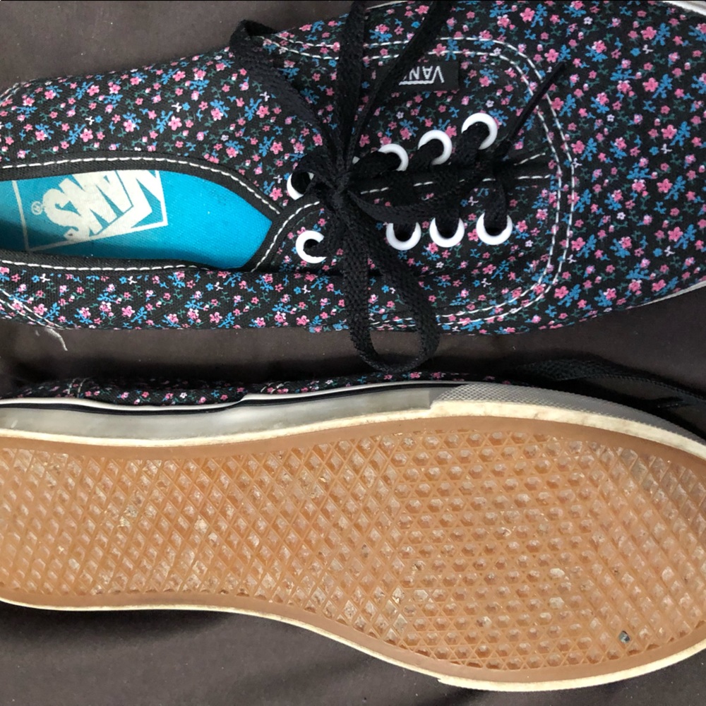 Two pairs of Vans black with print and green pair. Size 6.5/7